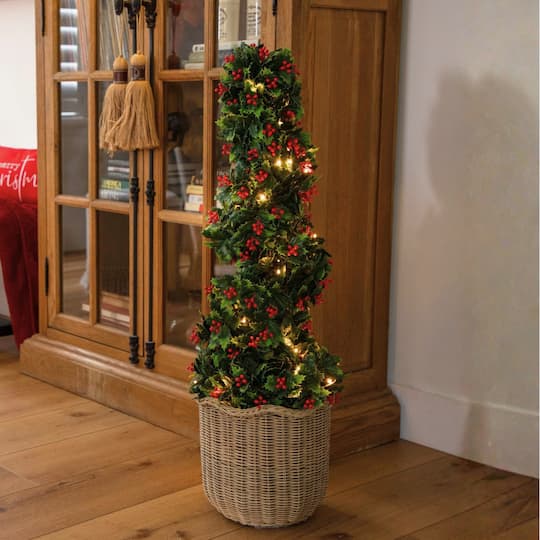 Nearly Natural 3ft. Pre-Lit UV Resistant Artificial Holly Berry Christmas Spiral Tree, Warm White Lights